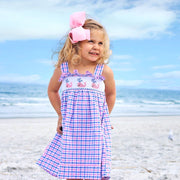 Whale Smocked Bow Back Dress Pink and Blue Plaid Seersucker