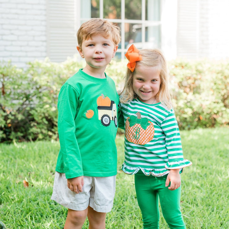 Pumpkin Applique Knit Long Sleeve Shirt Green